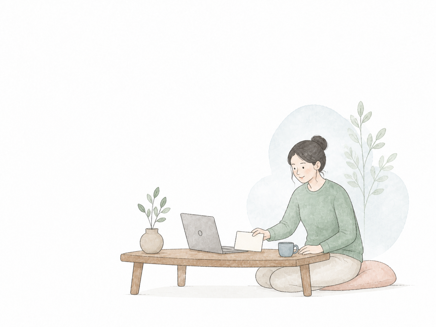 A person sitting at a low table with a laptop, holding a card.