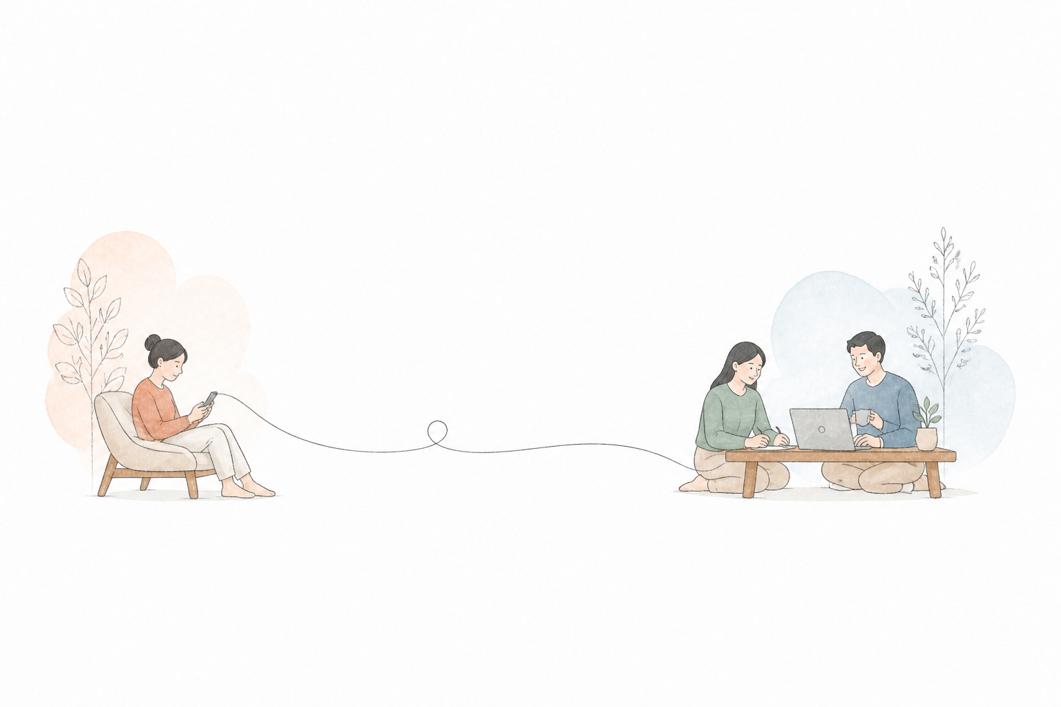 A person writing from an armchair, connected by a single line to two people answering at a laptop.