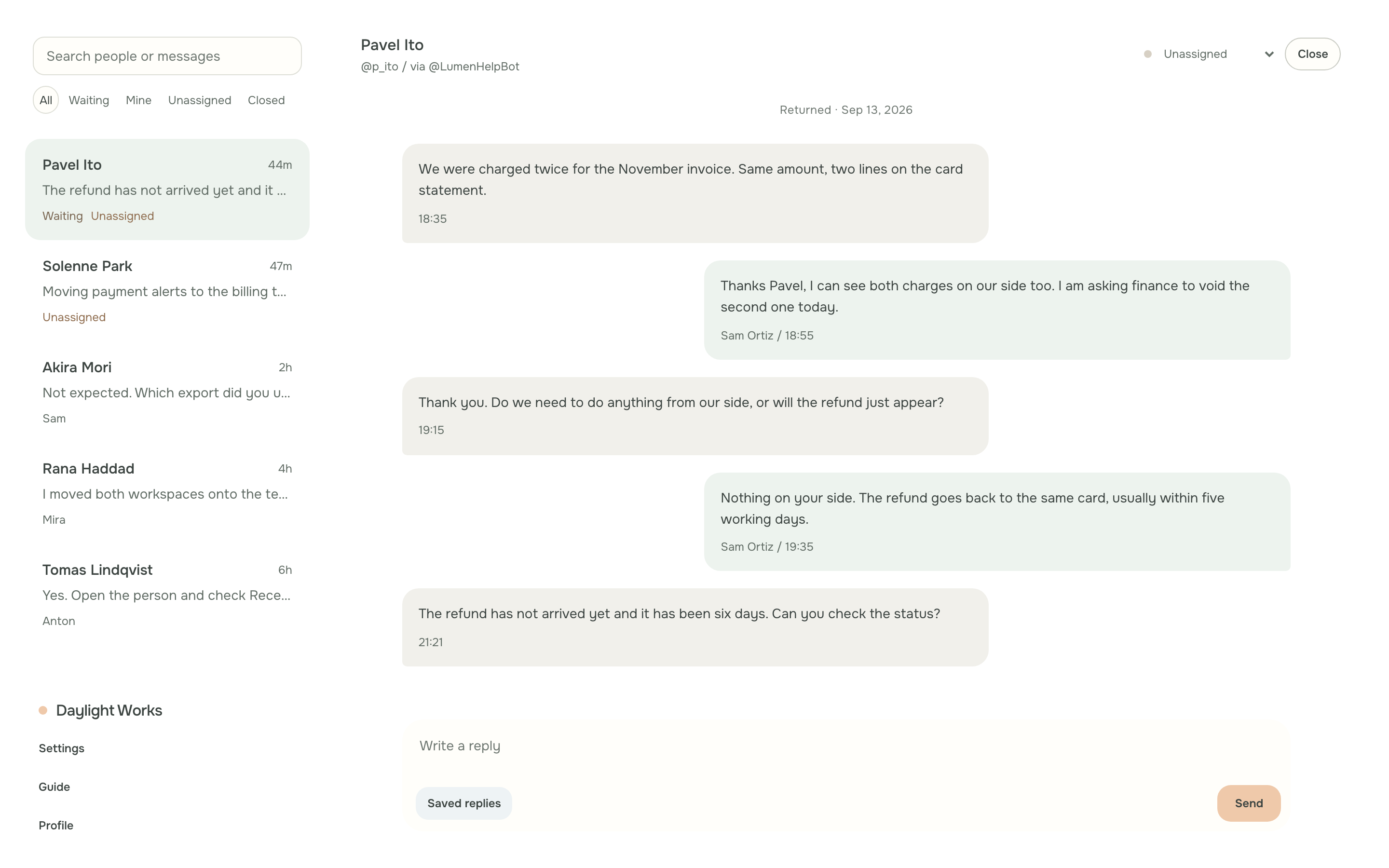 The Dayline inbox: conversations on the left, the open conversation in the middle, a reply box below.
